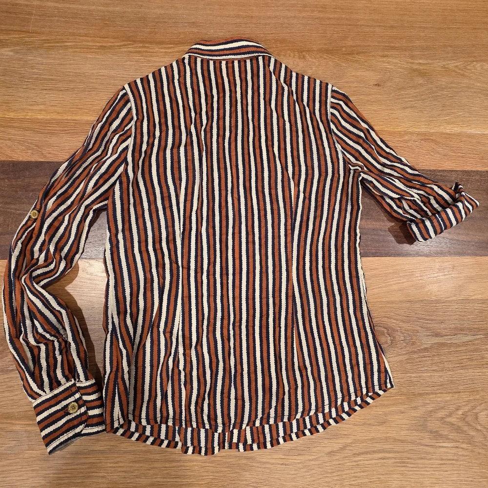 Tory Burch Button Down Dress Shirt Long Sleeve Stripe Blue Cream Orange Size 6 - Picture 9 of 11